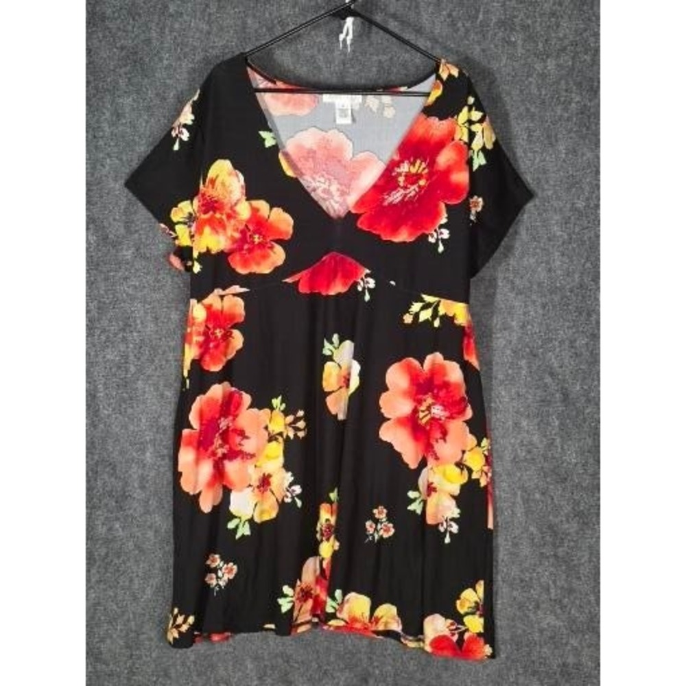 Planet Gold Plus Womens 3X‎ Black Floral V-Neck Empire Waist Short Sleeve Dress